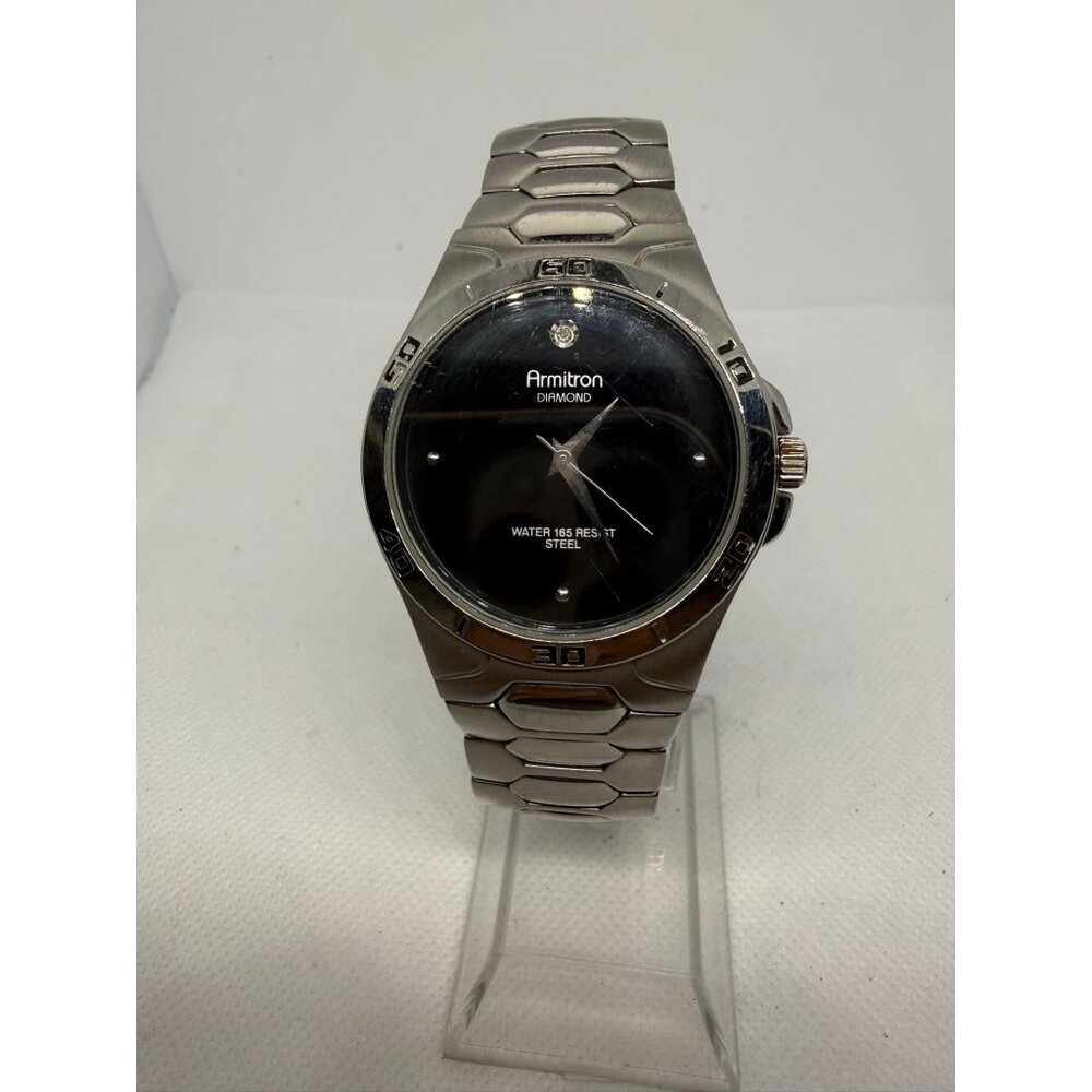 Armitron Mens Diamond Accented Black Dial Stainless Steel Watch Water Resistant